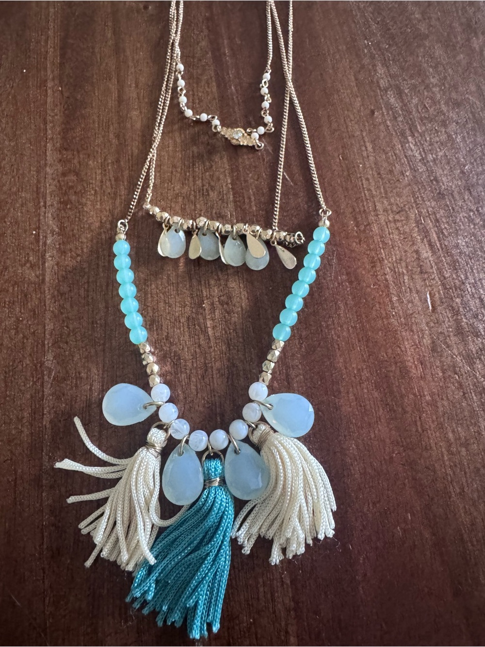 Boho Teal & Cream Tassel Statement Necklace